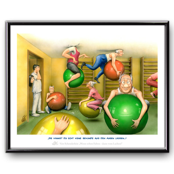 Bild Karikatur Cartoon Physiotherapie Krankengymnastik Pezzibälle