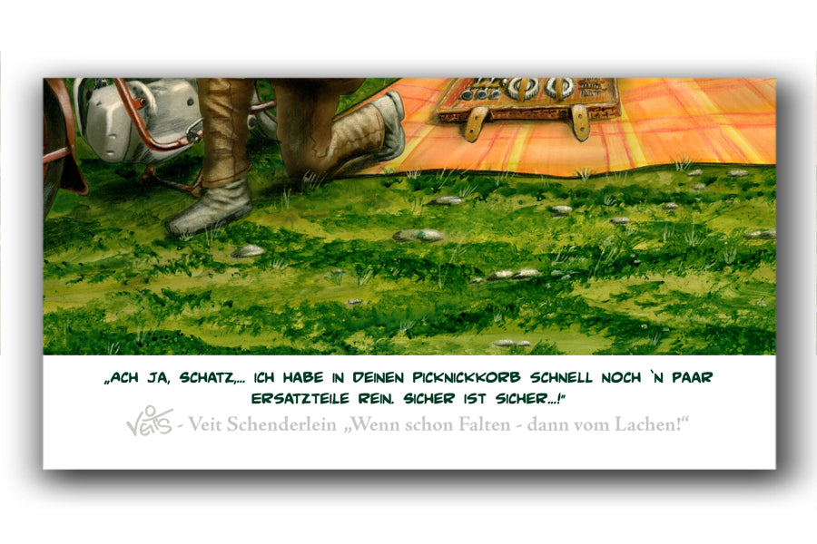 Bild Karikatur Cartoon Oldtimer Motorrad Picknick Ausflug