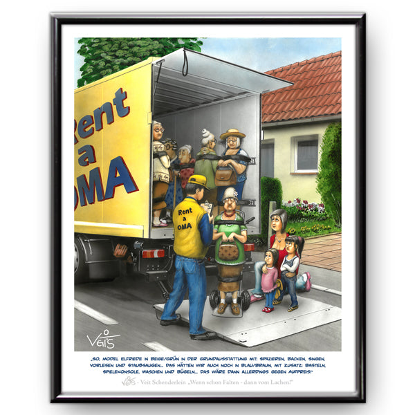 B0219 Karikatur Cartoon "Rent a Oma" Enkel Kinderbetreuung BILDTEXT: „So, Model Elfriede in Beige/Grün in der Grundausstattung mit: Spazieren, Backen, Singen, Vorlesen und Staubsaugen…“