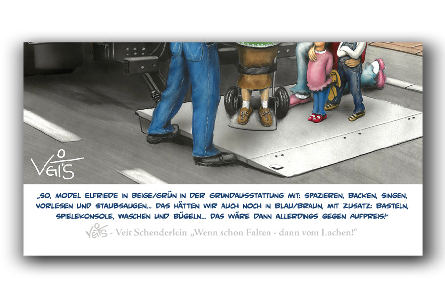 B0219 Karikatur Cartoon "Rent a Oma" Enkel Kinderbetreuung BILDTEXT: „So, Model Elfriede in Beige/Grün in der Grundausstattung mit: Spazieren, Backen, Singen, Vorlesen und Staubsaugen…“