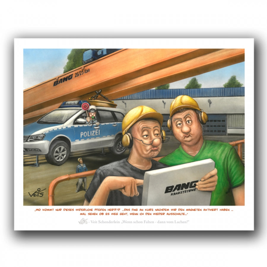Bild Karikatur Cartoon Kran Magnetkran Polizei Bau Schrott