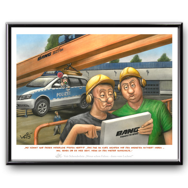 Bild Karikatur Cartoon Kran Magnetkran Polizei Bau Schrott