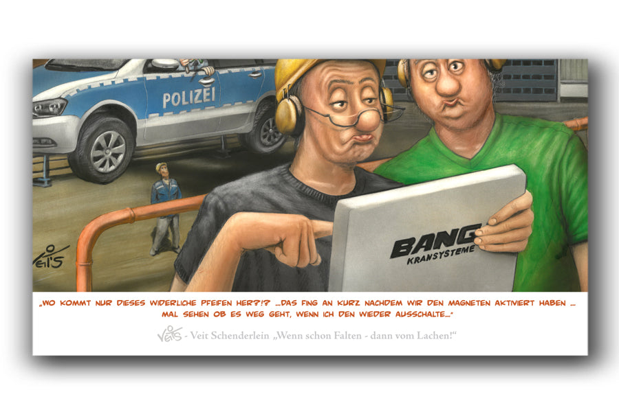 Bild Karikatur Cartoon Kran Magnetkran Polizei Bau Schrott