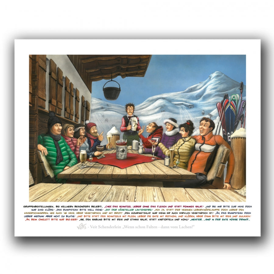 Bild, Karikatur, Cartoon, Wandern, Kellner, Hütte