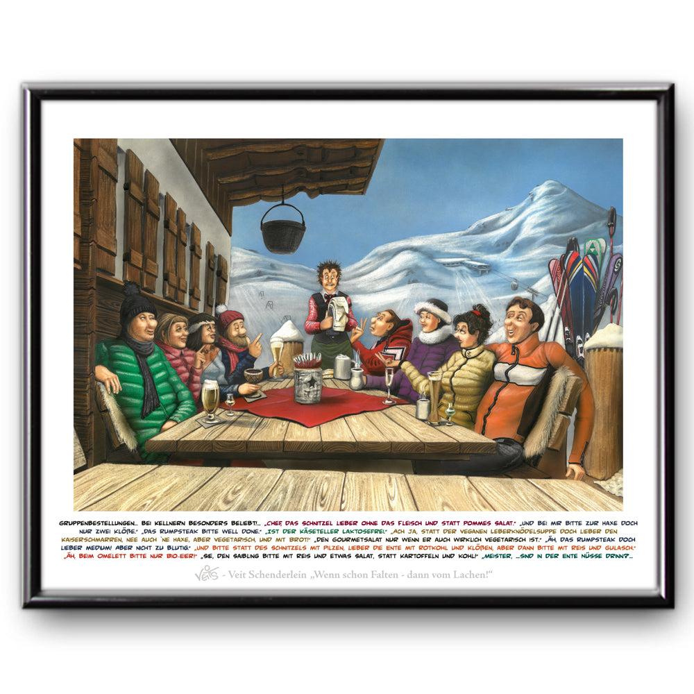 Bild, Karikatur, Cartoon, Wandern, Kellner, Hütte