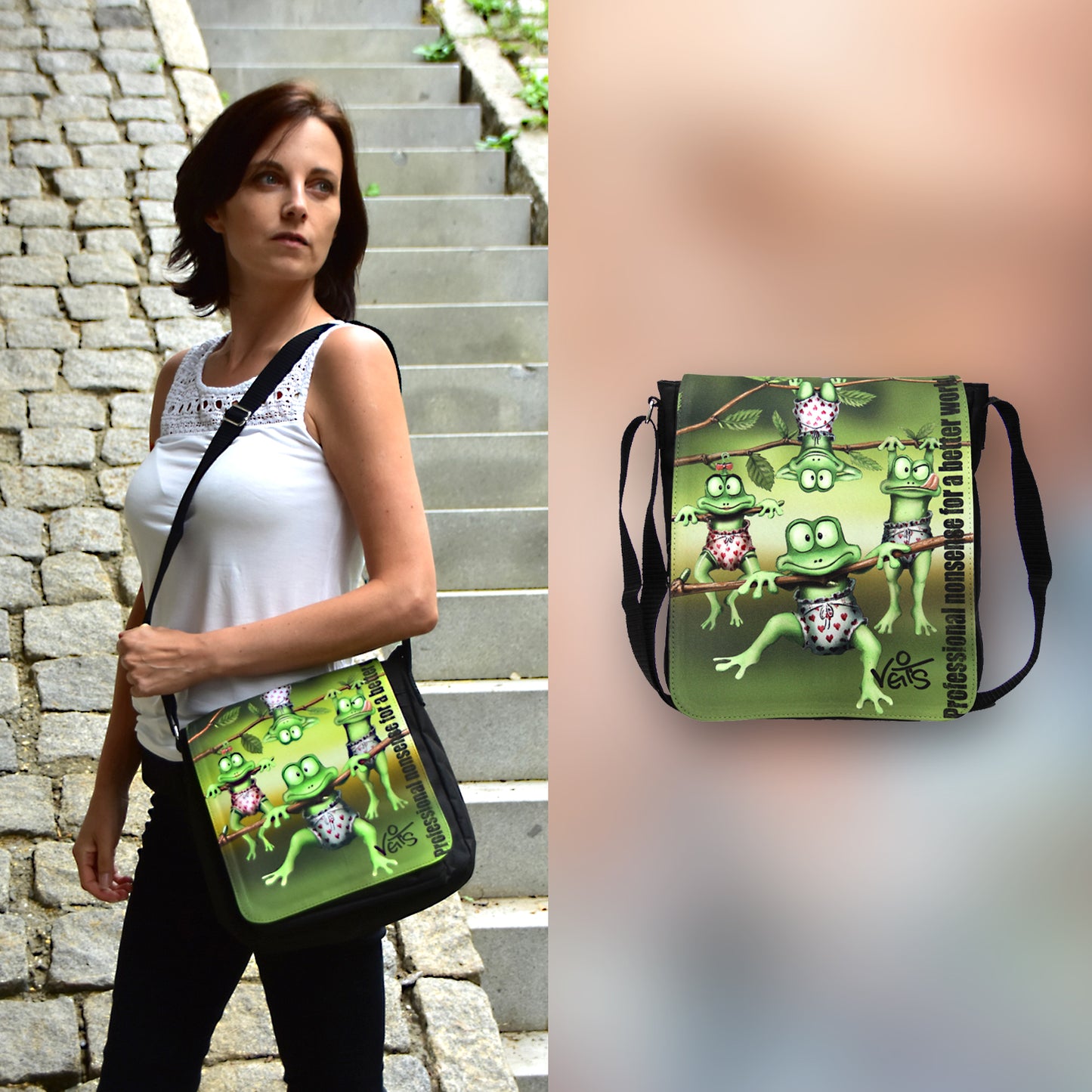 Veit`S Gute Laune Tasche Schultertasche "Emma"mit Motiv "Kleine Frösche"