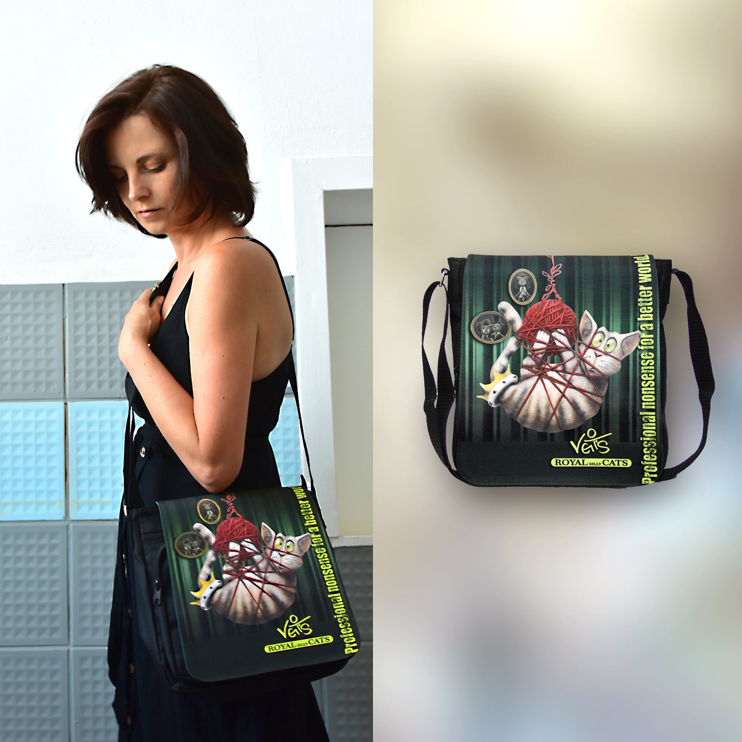 Veit`S Gute Laune Tasche Handtasche Schultertasche Emma mit Katzen-Motiv"Veit`S ROYAL SILLY CATS "Silly Herbert