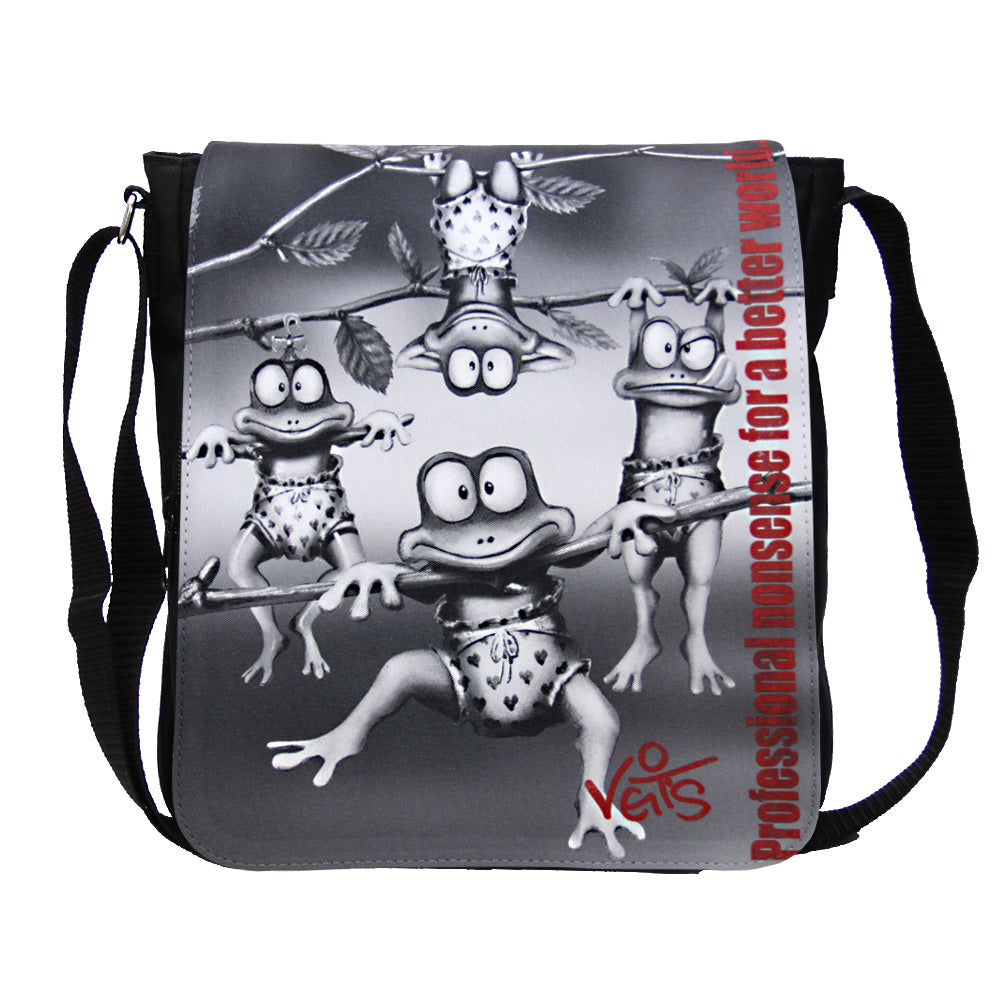 Veit`S Gute Laune Tasche Schultertasche "Emma Noir" mit Motiv "Kleine Frösche" schwarz-weiß