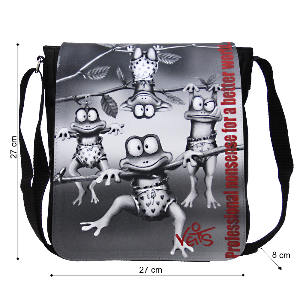 Veit`S Gute Laune Tasche Schultertasche "Emma Noir" mit Motiv "Kleine Frösche" schwarz-weiß