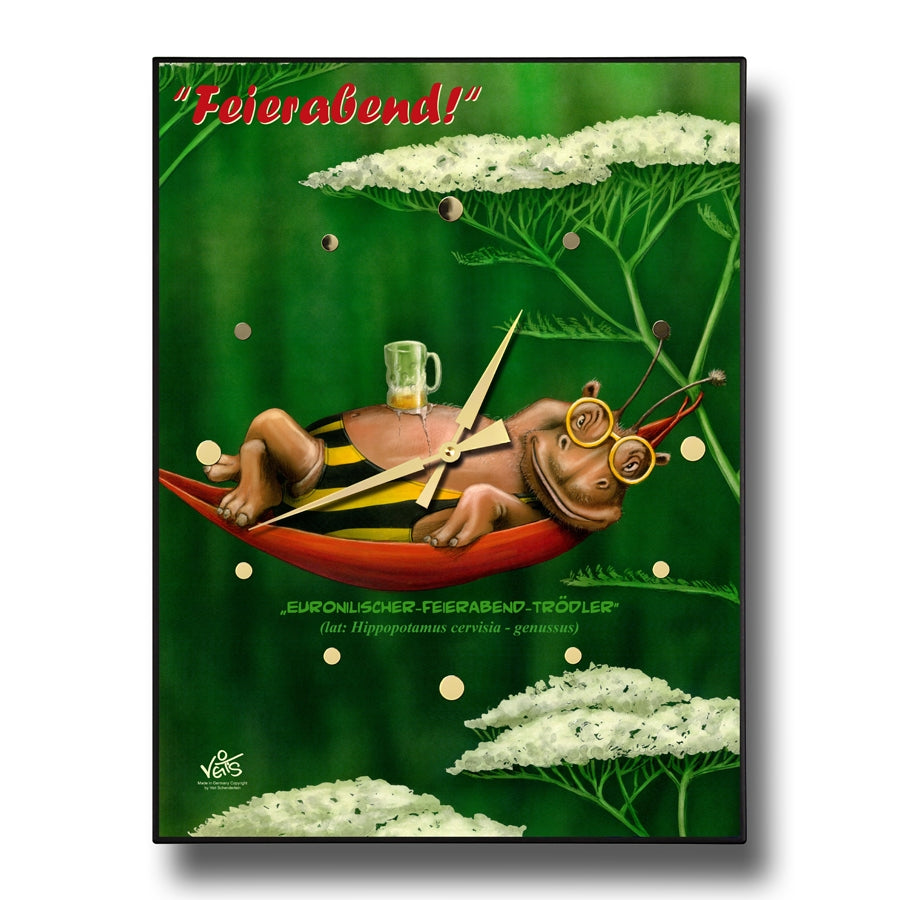 Veit`S Gute Laune Wanduhr exklusiv, Küchenuhr, Lustige Uhr, Feierabend, Nilpferd. BILDTEXT: „Euronilischer-Feierabend-Trödler (lat: Hippopotamus cervisia - genussus)"