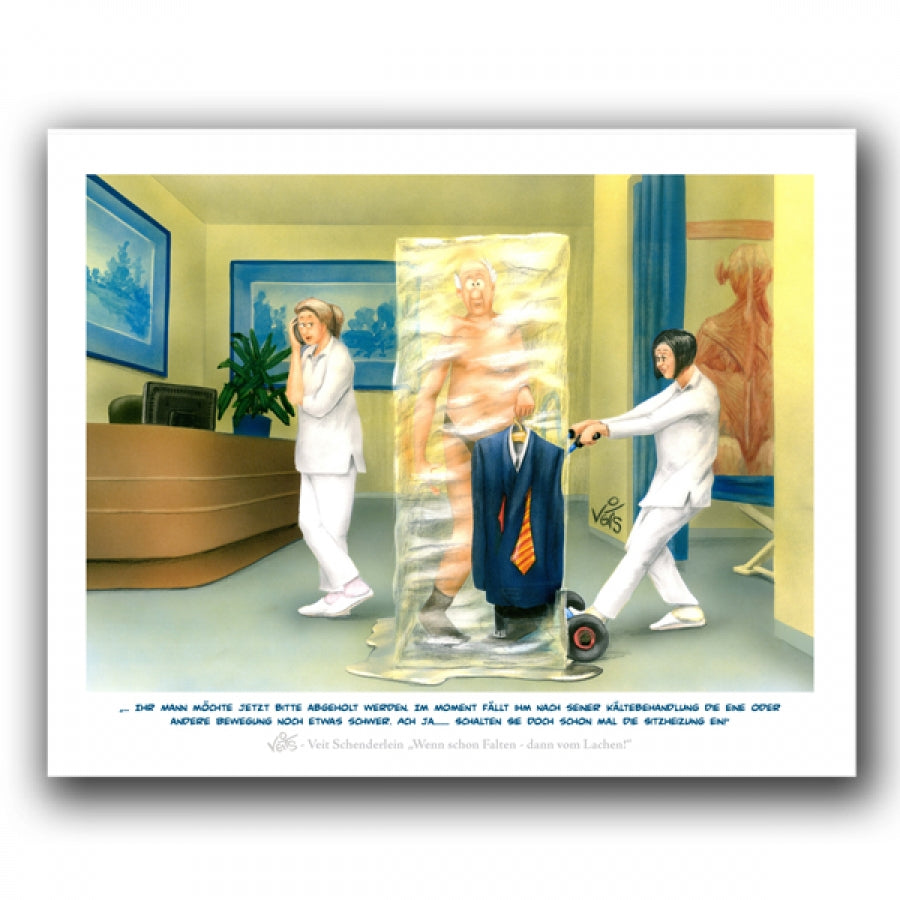 Bild Karikatur Cartoon Physiotherapie Kältetherapie