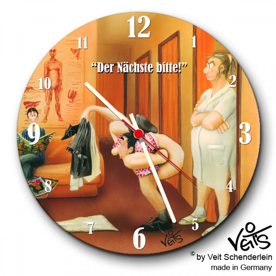 Wanduhr rund, Lustige Uhr, Küchenuhr, Physiotherapie, Veit`S Gute Laune Uhr "Der Nächste bitte!"