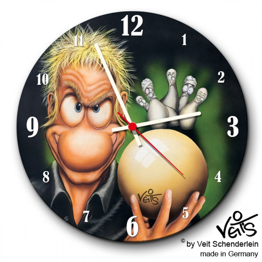 Wanduhr rund, Lustige Uhr, Küchenuhr, Kegler, Kegeln, Veit`S Gute Laune Uhr "Kampfkegler"