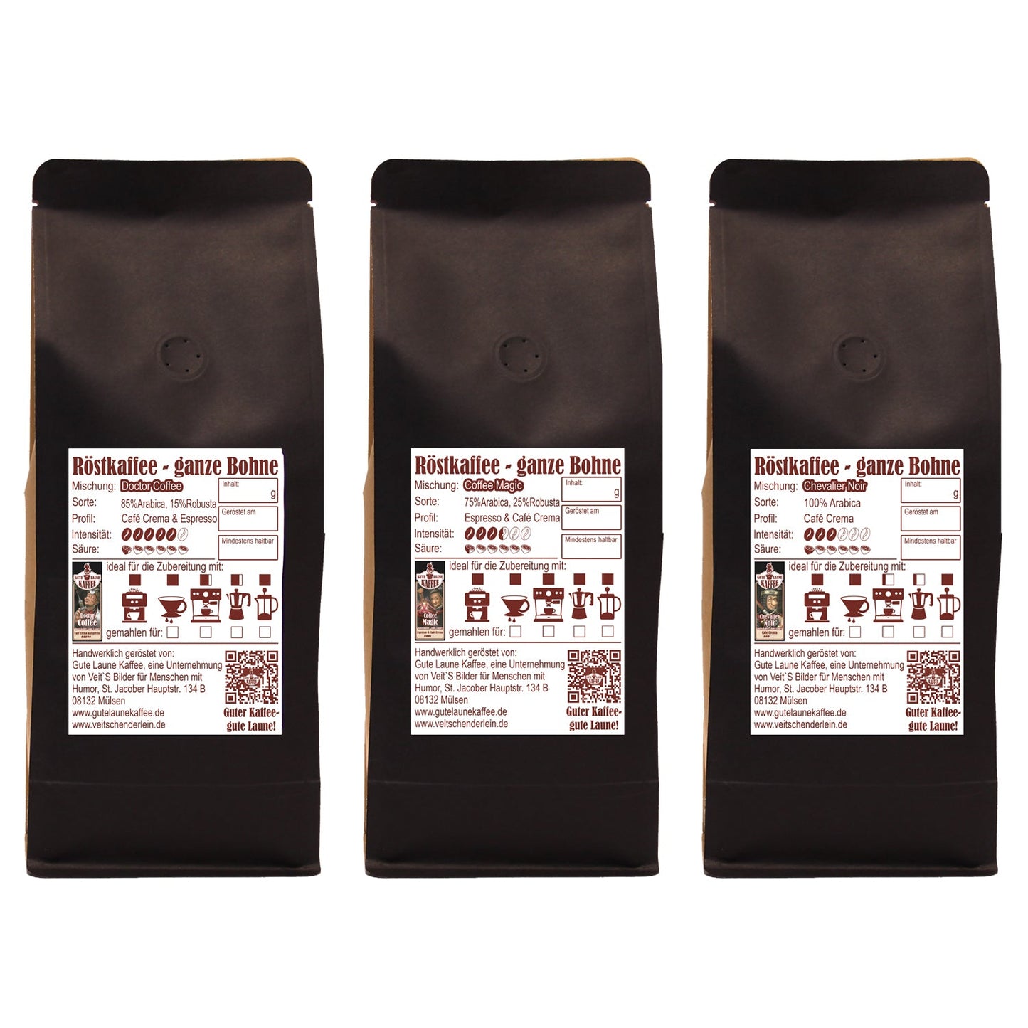 Gute Laune Kaffee-Handtasche 3x250g Röstkaffee Dringende Antimüdika