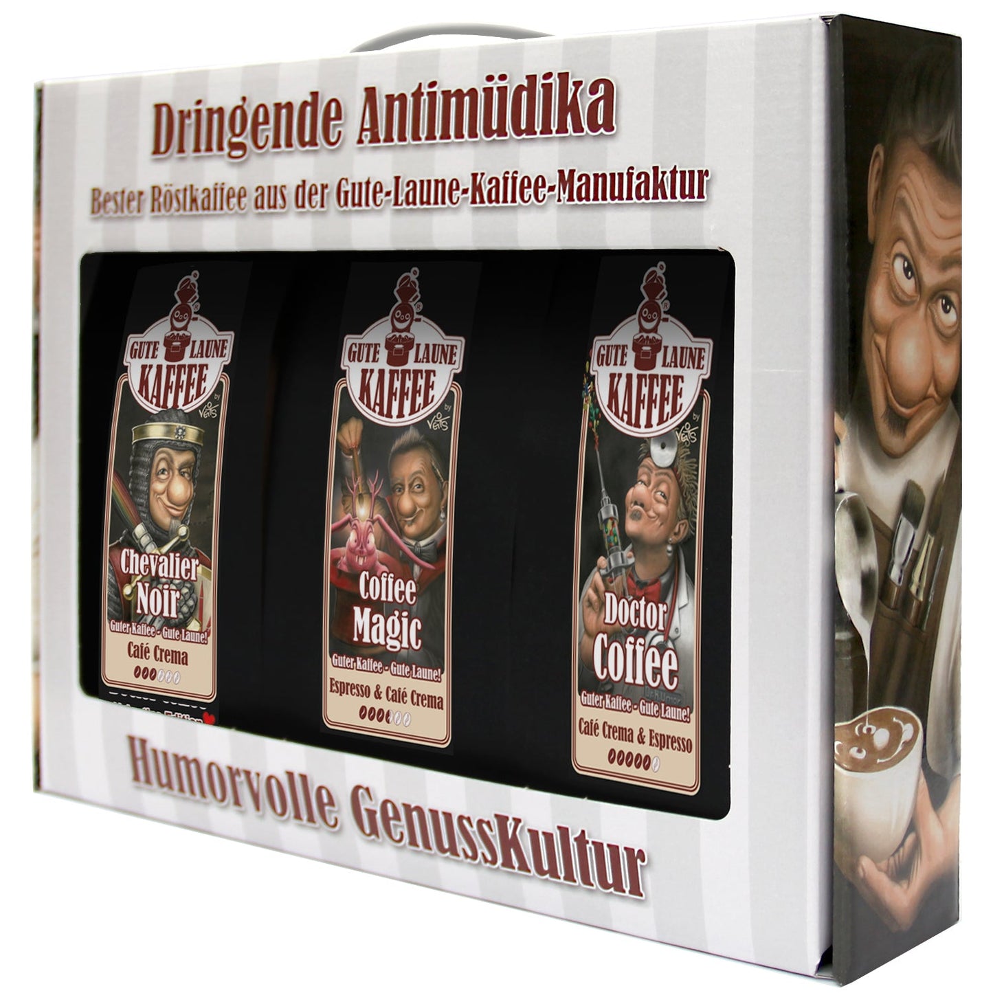 Gute Laune Kaffee-Handtasche 3x250g Röstkaffee Dringende Antimüdika