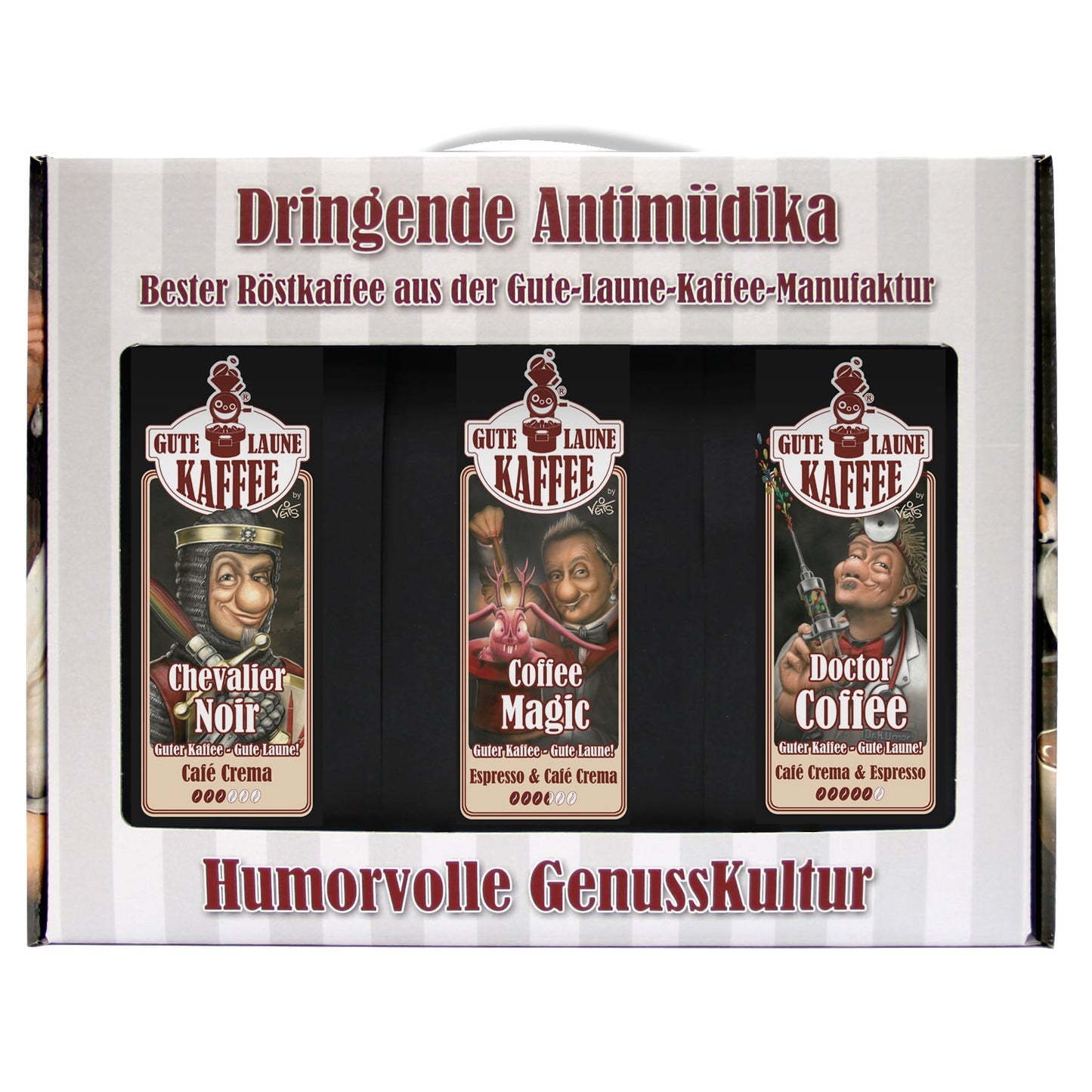 Gute Laune Kaffee-Handtasche 3x250g Röstkaffee Dringende Antimüdika