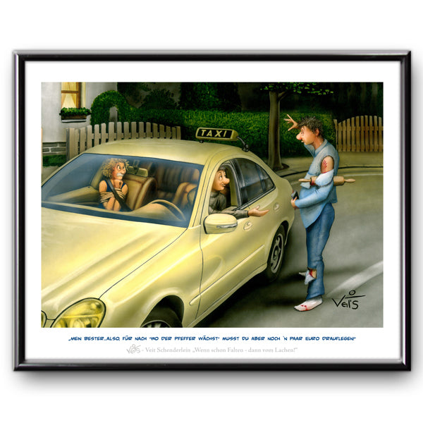 Bild Karikatur Cartoon Taxi Männer Frauen Taxifahrer