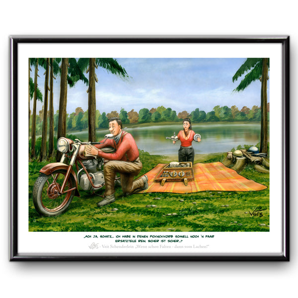 Bild Karikatur Cartoon Oldtimer Motorrad Picknick Ausflug