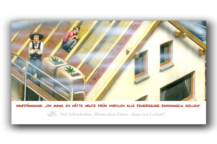 Bild Karikatur Cartoon Dachdecker Dach Hanfdämmung