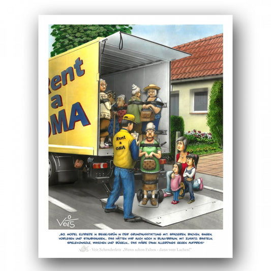 B0219 Karikatur Cartoon "Rent a Oma" Enkel Kinderbetreuung BILDTEXT: „So, Model Elfriede in Beige/Grün in der Grundausstattung mit: Spazieren, Backen, Singen, Vorlesen und Staubsaugen…“