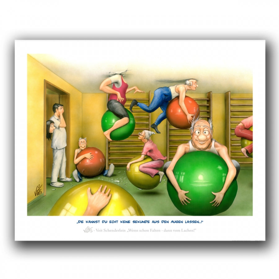 Bild Karikatur Cartoon Physiotherapie Krankengymnastik Pezzibälle