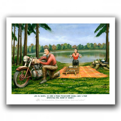 Bild Karikatur Cartoon Oldtimer Motorrad Picknick Ausflug