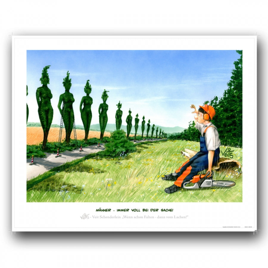 Bild Karikatur Cartoon Arbeit Gartenbau Gärtner Männer Baumbeschneidung