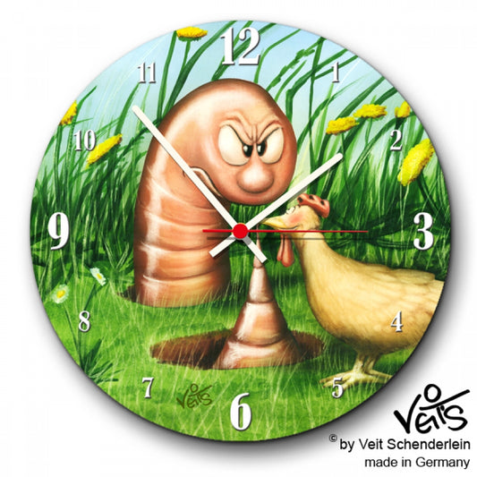 Wanduhr rund, Lustige Uhr, Küchenuhr, Veit`S Gute Laune Uhr "Huhn & Riesenwurm"